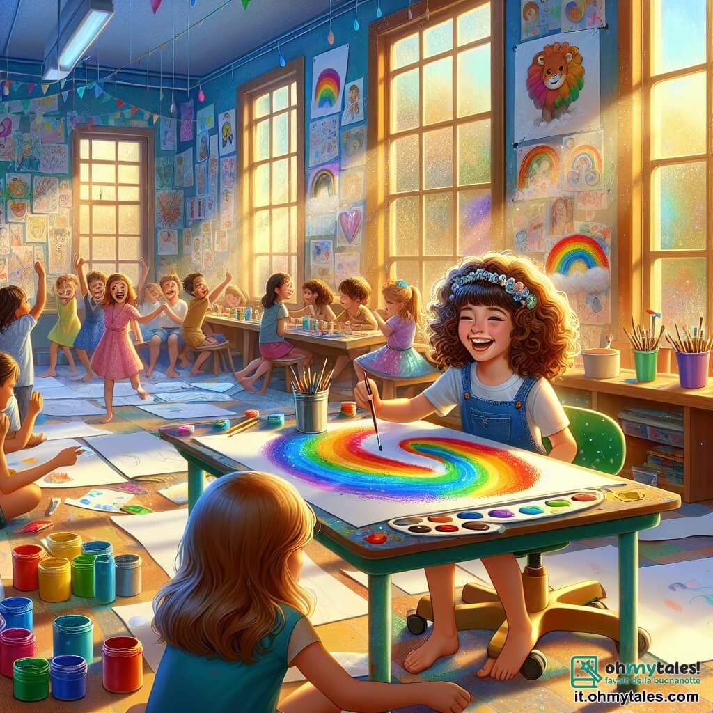 Illustrazione che rappresenta un'aula luminosa e colorata, con pareti decorate da disegni di bambini e finestre che lasciano entrare la luce del sole. Al centro, un grande tavolo è coperto di fogli bianchi e di barattoli di vernice vivace. C'è una ragazza di dieci anni, con capelli castani e ricci, seduta su una sedia a rotelle. Sorride con entusiasmo, tenendo un pennello in mano, mentre dipinge un arcobaleno su un grande foglio. Accanto a lei, un'altra ragazza, sempre di dieci anni, con capelli biondi e lisci, si china per ammirare il lavoro della sua amica, gli occhi brillanti di ammirazione. La scena principale mostra le due ragazze che creano insieme, circondate dai loro compagni di classe che le incoraggiano. L'atmosfera è gioiosa e collaborativa, con scoppi di risate e colori vivaci che riempiono l'aria. Sullo sfondo, altri bambini sono assorbiti nelle proprie creazioni artistiche, illustrando lo spirito di inclusione e creatività che regna nell'aula.
