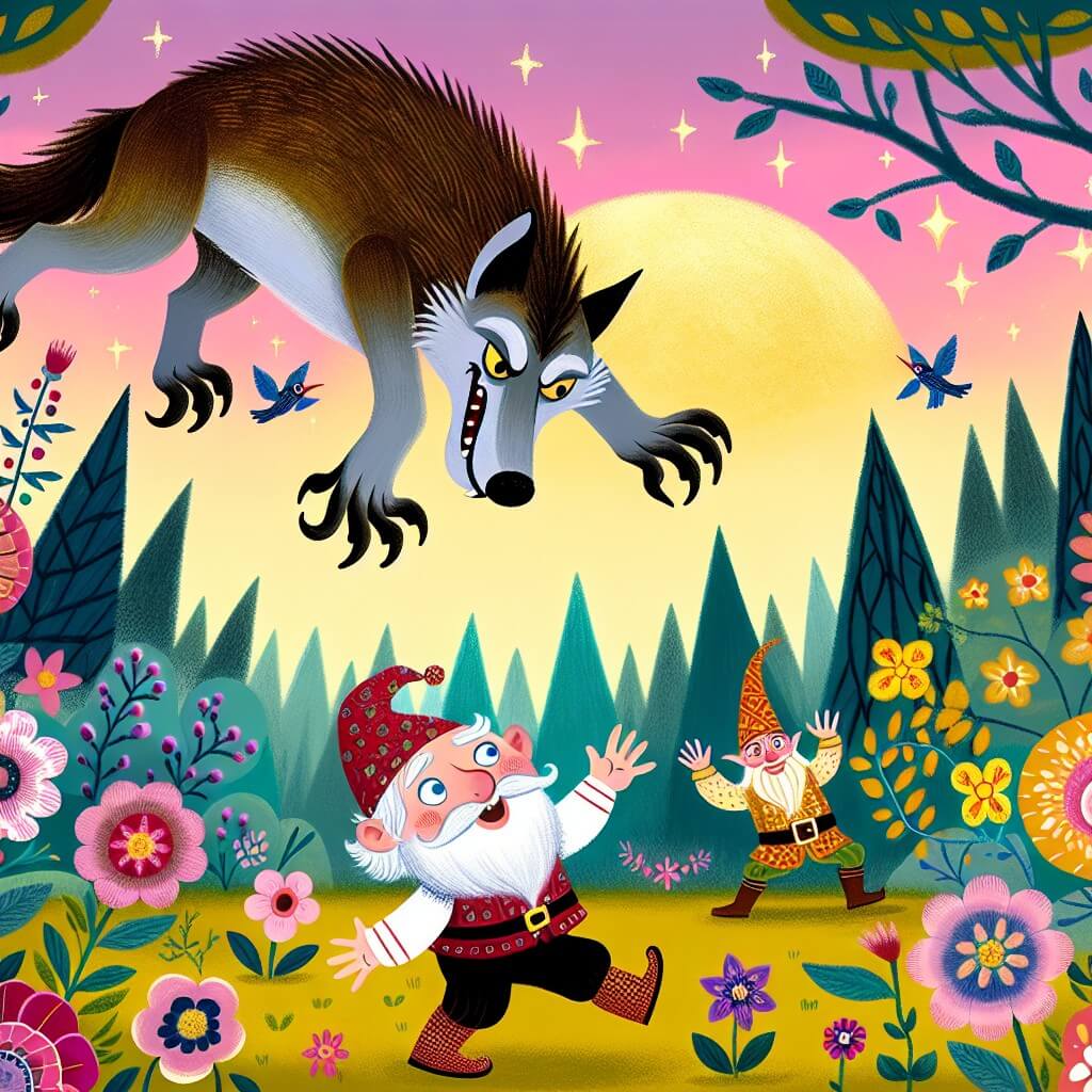 Une illustration destinée aux enfants représentant un loup-garou maladroit qui fait des cascades comiques avec un petit gnome farceur, dans un Bosco Magico rempli de fleurs magiques aux couleurs éclatantes et d'arbres dansants sous un ciel rose et doré.
