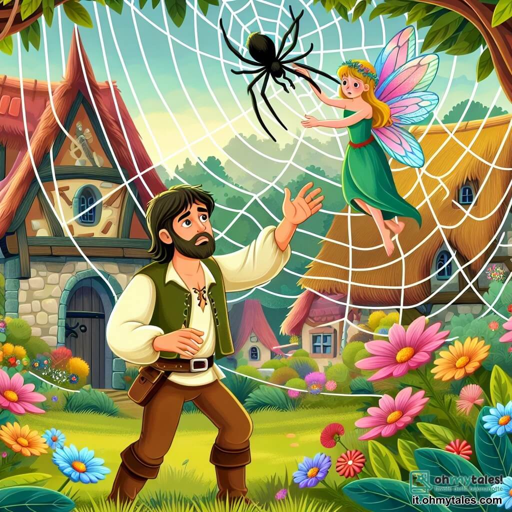 Une illustration destinée aux enfants représentant un homme au cœur vaillant, libérant une fée prise dans une ragnatela, dans un village entouré de bosquets enchantés et de fleurs multicolores.