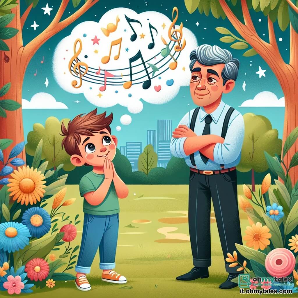 Une illustration destinée aux enfants représentant un jeune garçon passionné de musique, rêvant de devenir un grand chanteur, accompagné de son mentor, un homme chaleureux et talentueux, dans un parc ensoleillé où les notes musicales dansent parmi les arbres et les fleurs colorées.