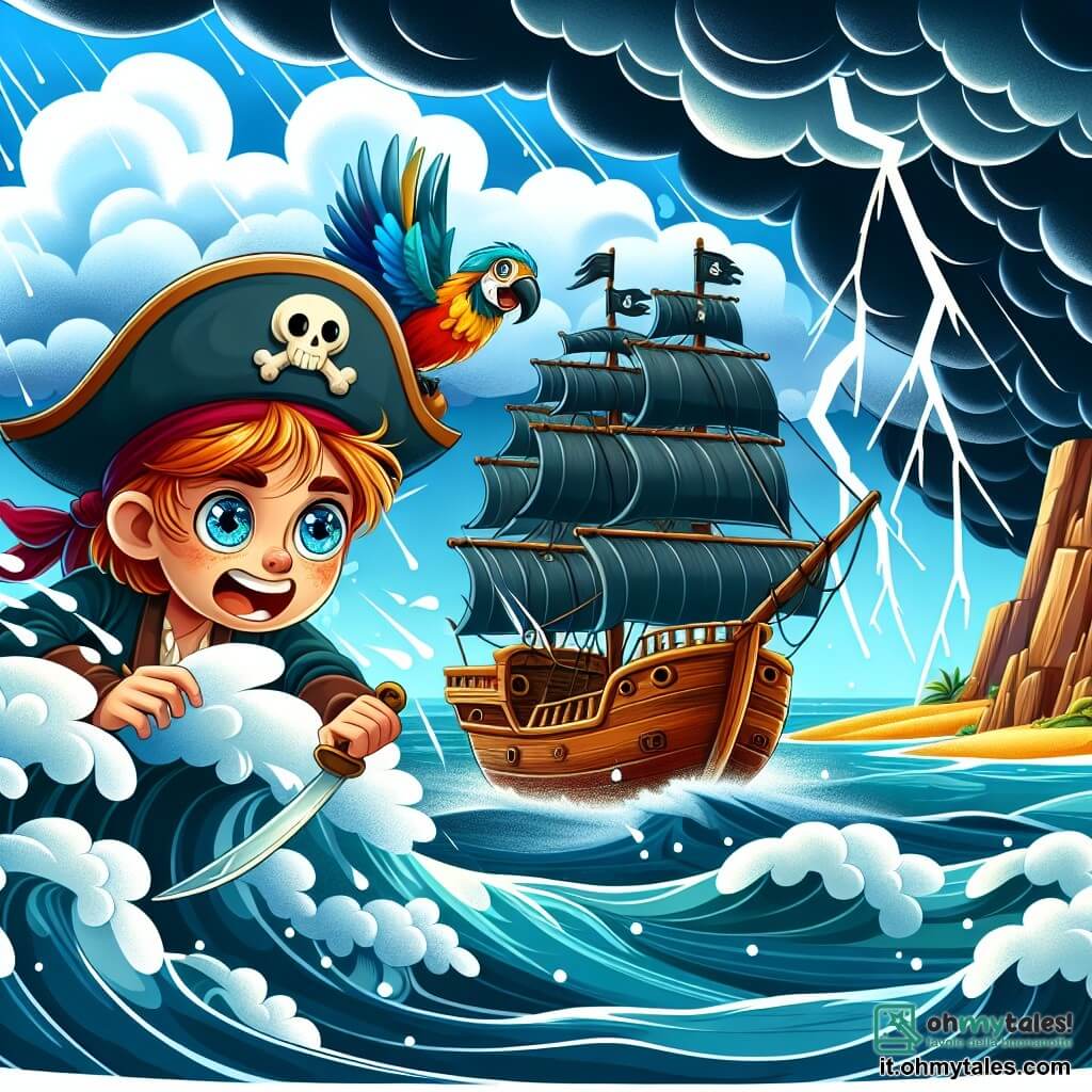 Une illustration destinée aux enfants représentant un pirate courageux aux yeux pétillants, affrontant une tempête déchaînée avec son fidèle perroquet perché sur son épaule, sur le pont d'un navire en bois craquant, naviguant vaillamment à travers des vagues tumultueuses, sous un ciel assombri par les nuages menaçants, près d'une île mystérieuse aux falaises escarpées et aux plages de sable doré.
