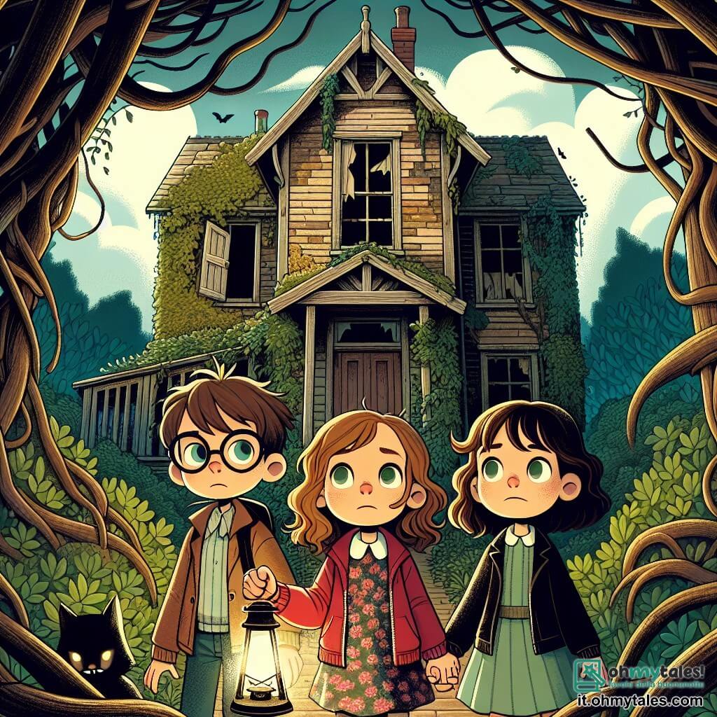 Illustrazione che rappresenta una vecchia casa abbandonata, circondata da una foresta fitta e misteriosa. Le pareti della casa sono coperte di edera e rovi, con finestre rotte che lasciano intravedere ombre inquietanti all'interno. La porta di legno, leggermente socchiusa, scricchiola sotto il soffio del vento, mentre un cielo nuvoloso incombe sopra, aggiungendo un'atmosfera di mistero. In primo piano, tre ragazze di circa 10 anni si tengono per mano, i loro volti esprimono un misto di curiosità e apprensione. Una di loro, con capelli castani e occhiali, indossa una giacca rossa e guarda la casa con occhi sgranati. La seconda, con capelli biondi e ricci, è vestita con un abito a fiori e sorride, pronta a esplorare. L'ultima, con capelli neri e un berretto, ha un'aria determinata e tiene una lanterna accesa che illumina il loro cammino. La scena principale mostra le ragazze che si avvicinano alla casa, le loro ombre proiettate sul terreno, mentre una silhouette misteriosa si delinea nell'ombra della porta, osservando il loro avvicinamento. Elementi grafici aggiuntivi includono foglie che vorticano nel vento, roditori curiosi che emergono dai cespugli e riflessi di luce che emanano dalla lanterna, creando un contrasto tra l'oscurità della casa e il calore dell'amicizia.