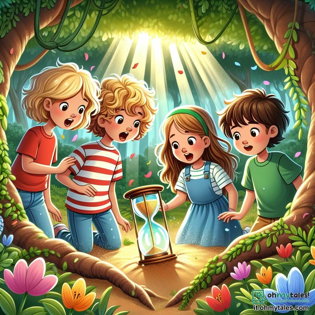 Une illustration sous forme de dessin destinée aux enfants représentant un groupe de quatre enfants de 7 ans, deux garçons aux cheveux bouclés et blonds, l'un portant une chemise rouge et l'autre une t-shirt à rayures, ainsi qu'une fille aux cheveux bruns et longs en robe bleue, et une autre fille aux cheveux courts et frisés en blouse verte, tous émerveillés en découvrant une clessidra magique scintillante enfouie sous les racines d'un vieil arbre dans un parc verdoyant, entourés de fleurs colorées et de rayons de soleil filtrant à travers les feuilles, tandis qu'une douce brise fait danser les pétales autour d'eux, symbolisant le début de leur aventure dans le temps.