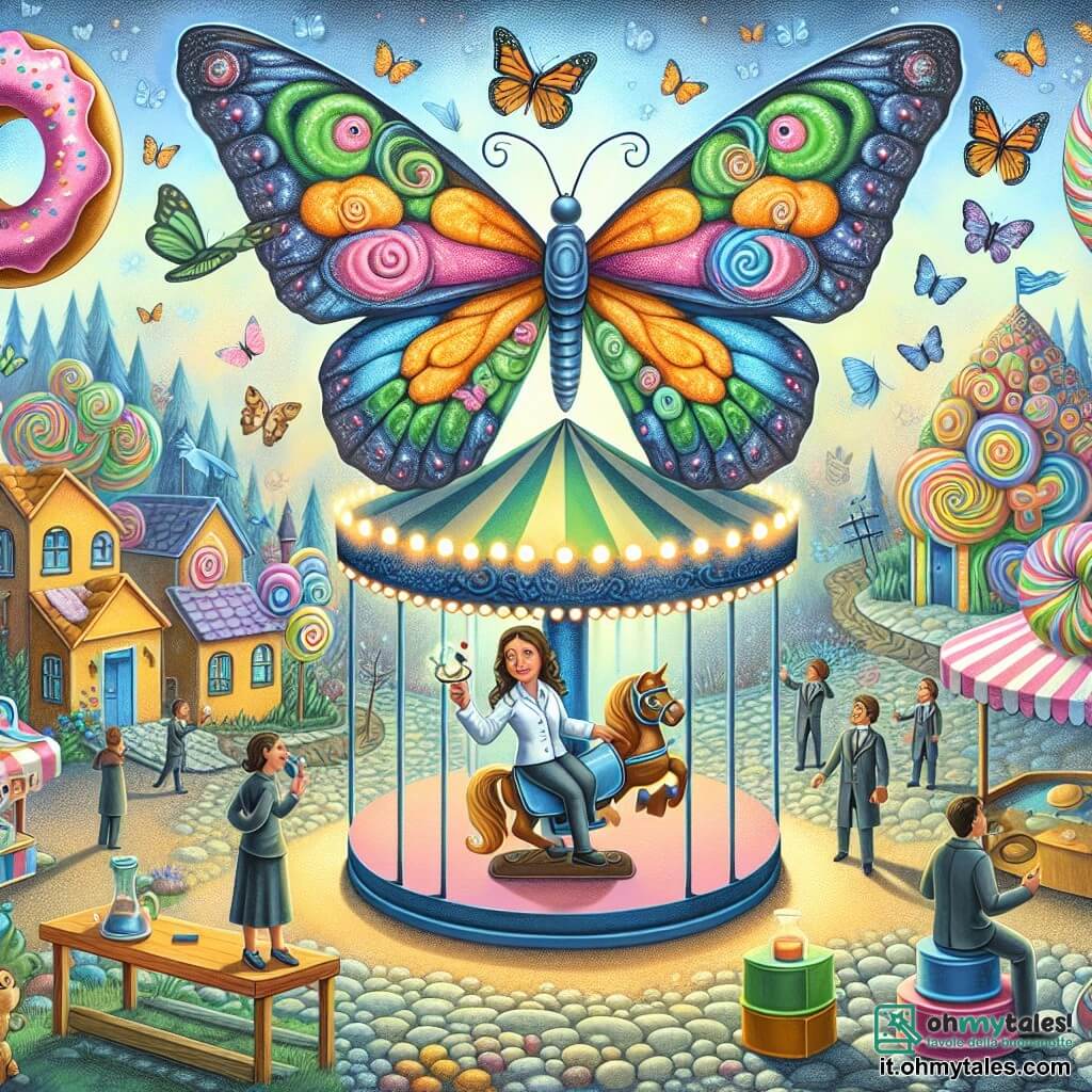 Une illustration destinée aux enfants représentant une inventrice géniale, une farandole de ciambelle volantes et une farfalla curieuse devenue une farfalla géante aux couleurs éclatantes, dans un petit village incanté aux maisons colorées et aux rues pavées de bonbons.