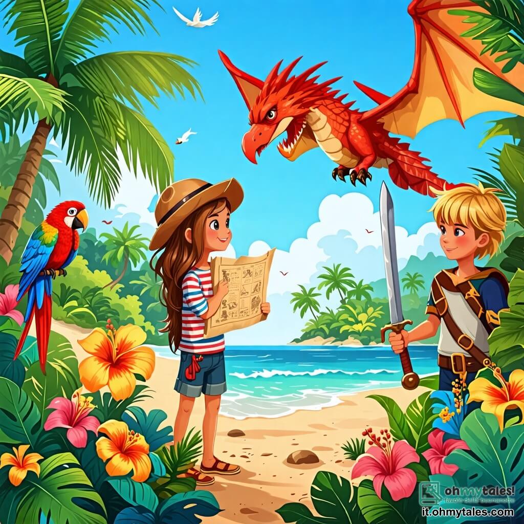 Une illustration sous forme de dessin destinée aux enfants représentant une île tropicale luxuriante avec des palmiers et des fleurs colorées, où une jeune fille aux cheveux longs et bruns, vêtue d'une chemise à rayures et d'un pantalon en toile, tient une vieille carte au trésor avec un regard déterminé, tandis qu'à ses côtés, un pappagallo coloré se perche sur son épaule, et un garçon fort aux cheveux blonds et un chapeau de pirate, brandissant une épée en bois, les observe avec excitation, alors qu'ils se préparent à affronter un grand dragon qui vole au-dessus d'eux, crachant des flammes, dans une atmosphère d'aventure et de courage.