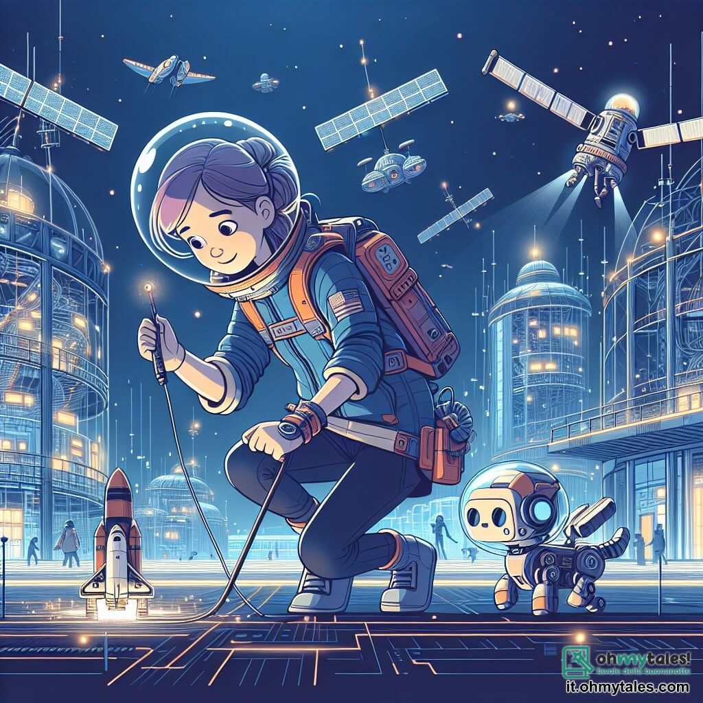 Une illustration destinée aux enfants représentant une jeune femme intrépide et curieuse, embarquée dans une mission spatiale pour réparer un satellite, accompagnée d'un robot de compagnie, dans un monde futuriste aux bâtiments transparents, illuminé par des lumières au néon et où des véhicules volants sillonnent les cieux.