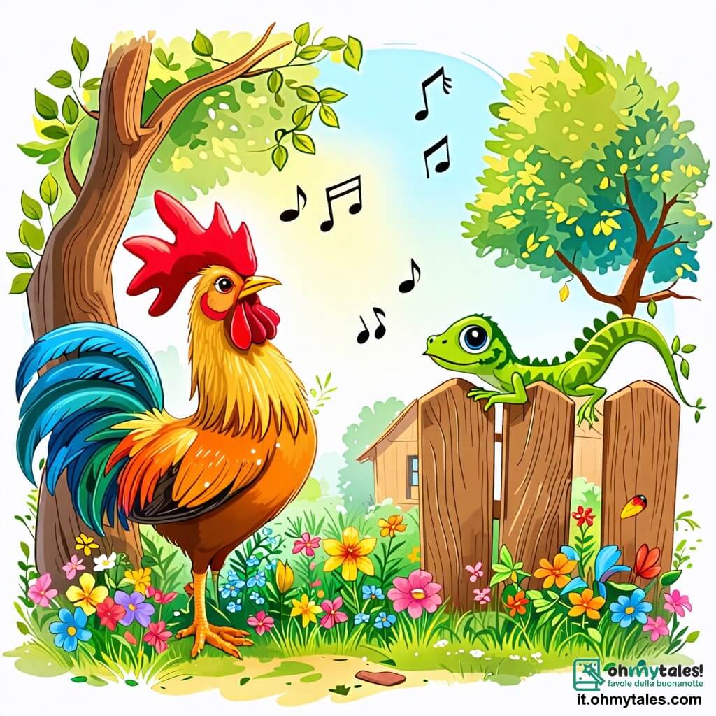 Une illustration sous forme de dessin destinée aux enfants représentant un charmant cortile ensoleillé, rempli de fleurs colorées et d'arbres verdoyants, avec un coq aux plumes brillantes et colorées chantant joyeusement sur une barrière en bois, tandis qu'une petite lucertole verte aux yeux pétillants, cachée sous une feuille, l'écoute avec curiosité, illustrant le moment où le coq encourage la lucertole à trouver sa propre voix et à chanter avec confiance.