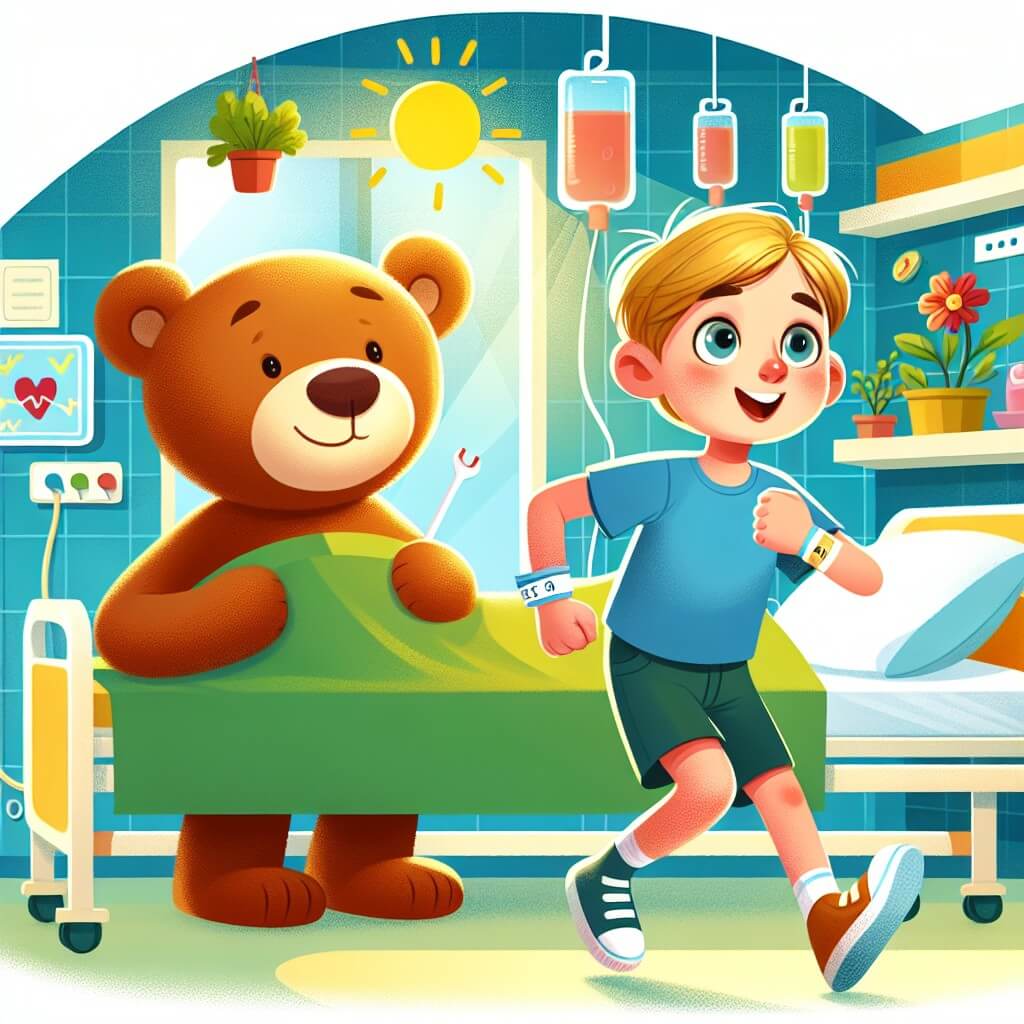 Une illustration destinée aux enfants représentant un jeune garçon, affrontant une maladie, accompagné d'un ami inattendu, dans le cadre chaleureux et coloré d'un service hospitalier pédiatrique.