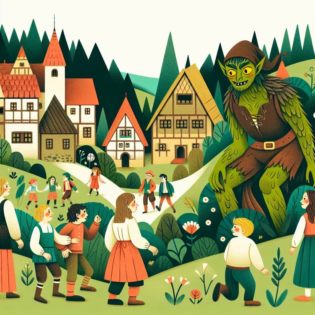 Une illustration destinée aux enfants représentant une créature fantastique, avec une peau verte, des yeux jaunes et des dents pointues, vivant dans un village au milieu d'une vallée verdoyante, où elle fait la rencontre d'un groupe d'enfants curieux et aventureux.