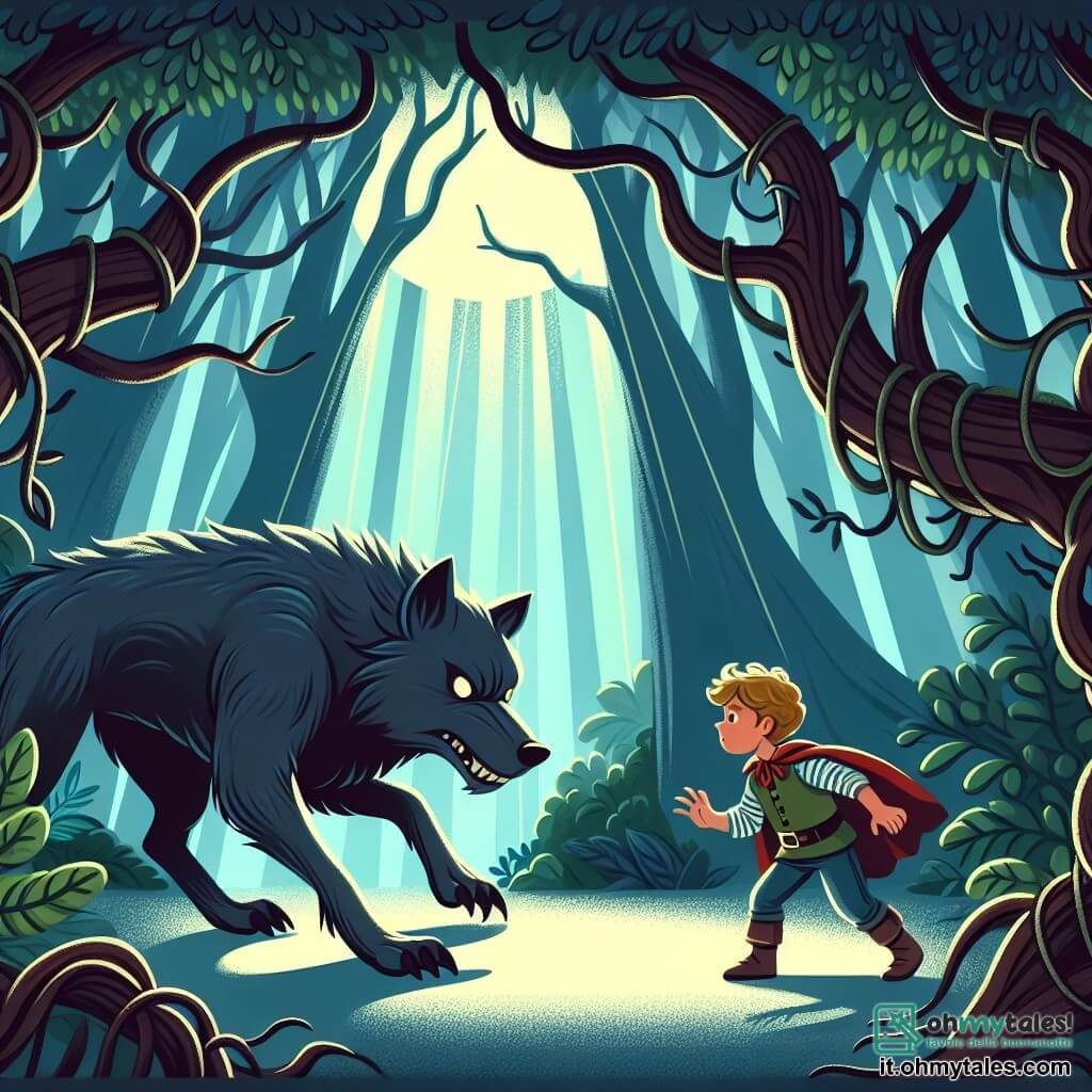 Une illustration destinée aux enfants représentant un jeune garçon courageux affrontant un grand loup maléfique dans un mystérieux bosquet sombre et dense, où la lumière du soleil peine à percer à travers les branches tordues et les feuilles épaisses.