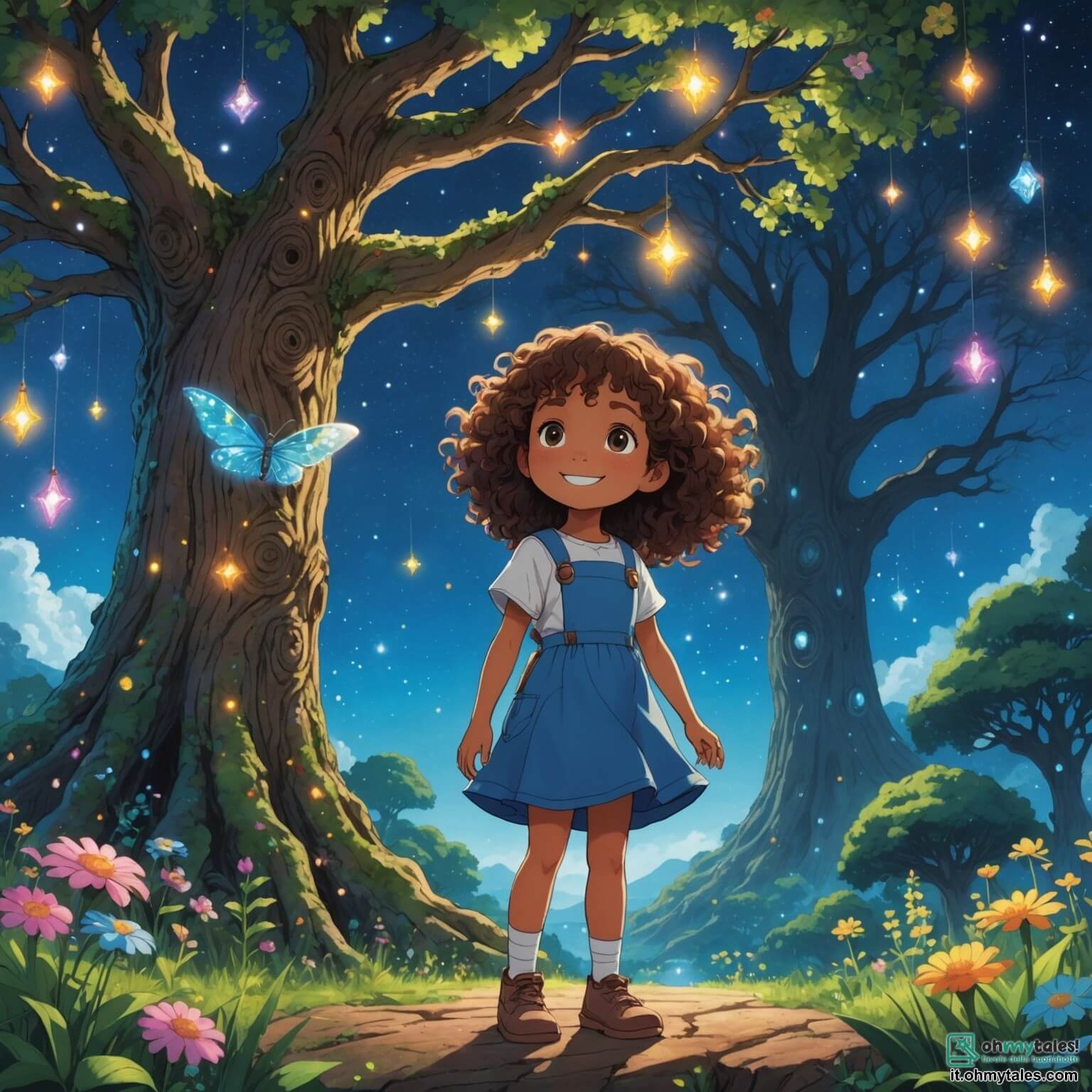 Une illustration destinée aux enfants représentant une petite fille aux cheveux bouclés et aux yeux pétillants, qui se tient devant un immense arbre séculaire dont le tronc est décoré de lumières scintillantes, tandis qu'une créature extraterrestre aux couleurs vives et aux ailes translucides flotte joyeusement à ses côtés, dans un monde féerique où des fleurs chantent et des étoiles brillent dans un ciel d'un bleu éclatant, tandis qu'elles s'apprêtent à explorer un mystérieux portail lumineux qui les mènera vers des aventures intergalactiques.