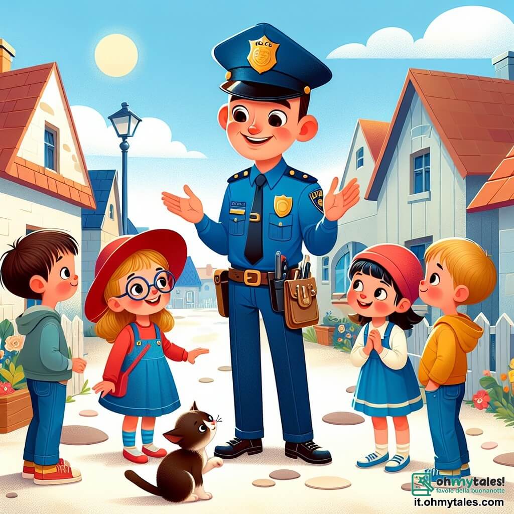 Une illustration sous forme de dessin destinée aux enfants représentant une rue animée d'un petit village ensoleillé, avec un policier homme au sourire chaleureux, portant une uniforme bleu et une ceinture d'outils, qui parle joyeusement à un groupe de trois enfants : un garçon aux cheveux bruns et au chapeau rouge, une fille aux cheveux blonds et aux lunettes, et un autre garçon aux cheveux noirs, tous écoutant attentivement et souriant, tandis qu'un petit gattino joue près d'eux, symbolisant l'aide et la gentillesse que le policier apporte à la communauté.