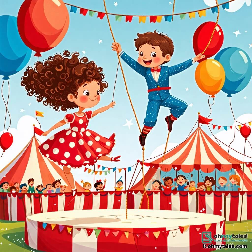 Une illustration sous forme de dessin destinée aux enfants représentant un cirque coloré avec un grand chapiteau rayé rouge et blanc, au centre une petite fille de 2 ans aux cheveux bouclés et aux yeux pétillants, vêtue d'une robe à pois, dansant joyeusement sur la piste, tandis qu'un funambule élancé, habillé d'un costume bleu brillant, effectue des acrobaties sur une corde tendue au-dessus d'elle, entourés de spectateurs émerveillés, des ballons flottant dans les airs et des lumières scintillantes illuminant la scène.