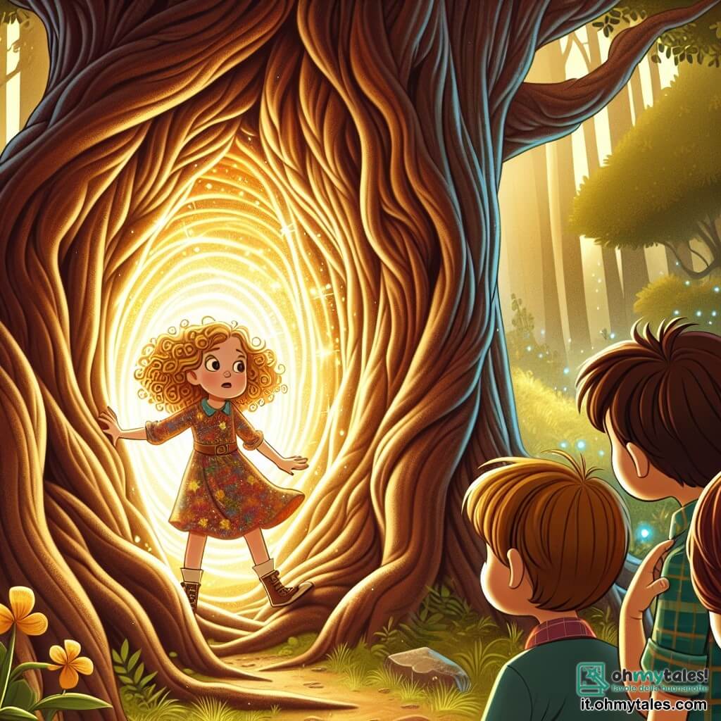 Une illustration sous forme de dessin destinée aux enfants représentant un grand arbre séculaire au tronc noueux, baigné par une lumière dorée, avec une petite fille de 5 ans aux cheveux bouclés et dorés, portant une robe colorée, qui s'approche d'une fente lumineuse dans le tronc, tandis que deux amis, un garçon aux cheveux bruns et une fille aux cheveux lisses et châtains, l'observent avec des yeux émerveillés, tous trois prêts à entrer dans un mystérieux portail temporel qui scintille d'énergie magique.