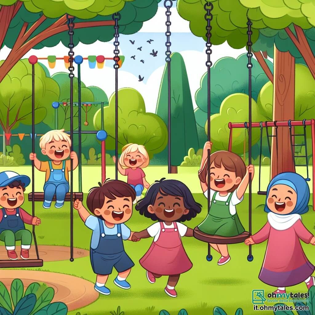 Une illustration destinée aux enfants représentant une fillette joyeuse partageant un après-midi de jeux égalitaire avec des amis au parc, où les rires résonnent parmi les arbres verdoyants et les balançoires multicolores se balancent doucement.