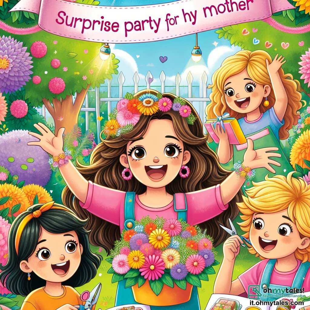 Une illustration destinée aux enfants représentant une fillette pleine d'enthousiasme préparant une fête surprise pour sa maman avec l'aide de ses amis, un garçon créatif et une fille gourmande, dans un magnifique jardin fleuri aux couleurs vives et aux parfums envoûtants.