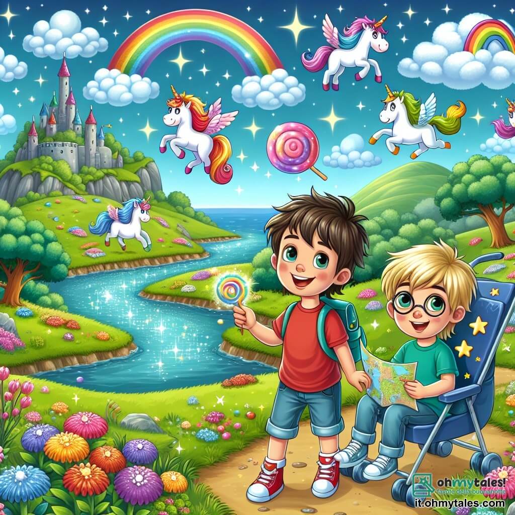 Illustrazione che rappresenta un paesaggio incantato su un'isola magica. L'isola è adornata da colline verdi, fiori colorati dai petali brillanti e fiumi scintillanti sotto un cielo blu punteggiato da nuvole bianche a forma di caramelle. In primo piano, un ragazzo di circa 8 anni, con capelli castani disordinati e un sorriso radioso, indossa una maglietta rossa e pantaloni corti di jeans. Tiene in mano una mappa magica, con gli occhi spalancati per lo stupore. Accanto a lui, un ragazzo di circa 7 anni, con capelli biondi e occhiali rotondi, è seduto in un passeggino blu decorato con stelle brillanti. Osserva con fascinazione le creature fantastiche che volano attorno a loro. La scena mostra i due amici che scoprono l'isola dei sogni, circondati da un gruppo di unicorni dai crini multicolori che volano nel cielo. Arcobaleni si disegnano all'orizzonte e nuvole a forma di caramelle fluttuano dolcemente. L'atmosfera è gioiosa e magica, piena di colori vivaci e luce splendente, catturando lo spirito di avventura e amicizia.
