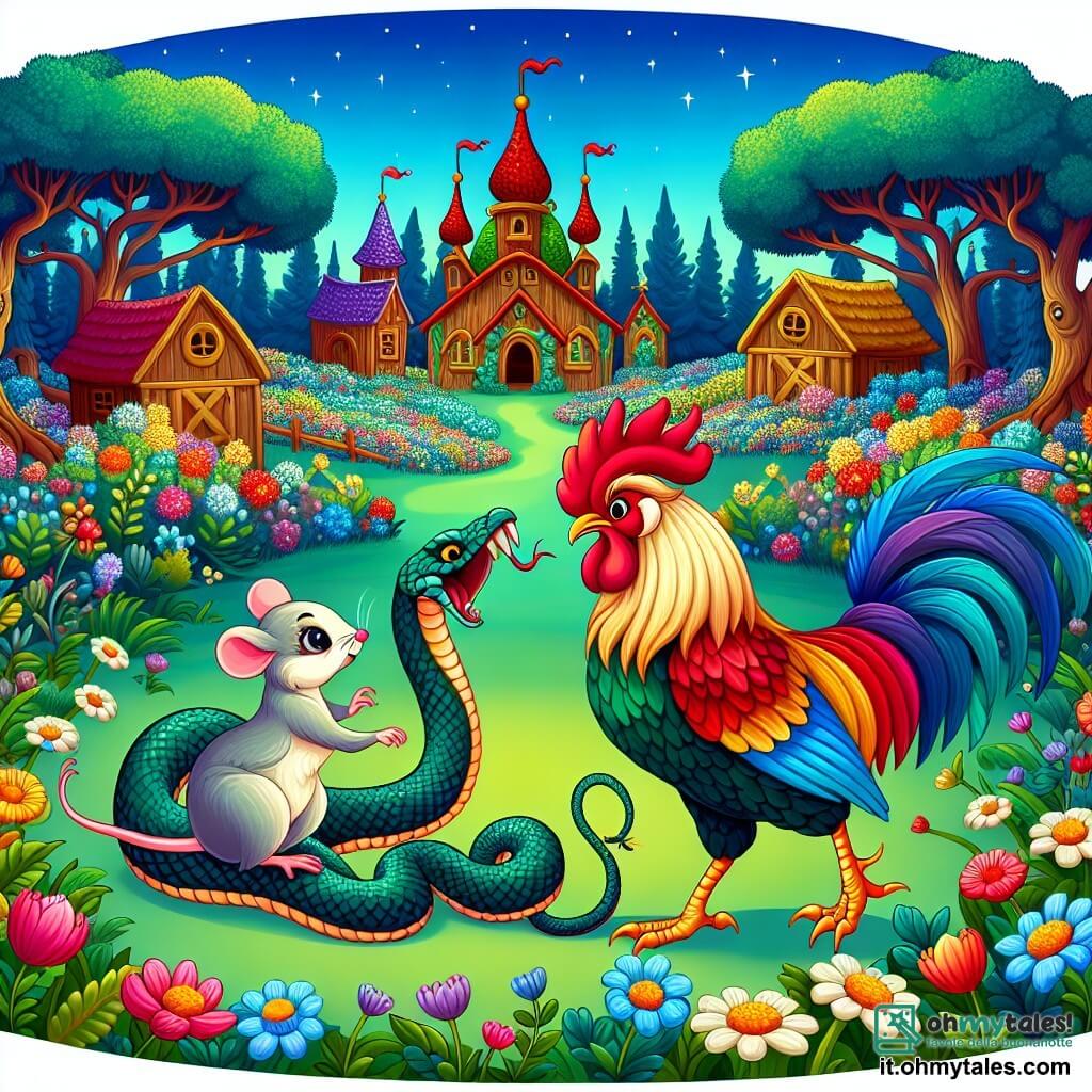 Une illustration destinée aux enfants représentant un coq fier et coloré confronté à un serpent menaçant avec l'aide d'un petit topolino rusé, dans une ferme enchantée entourée de champs de fleurs multicolores et d'arbres majestueux.
