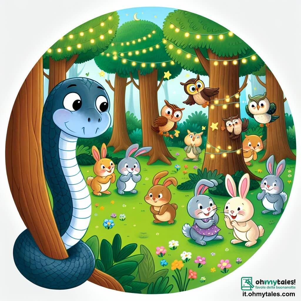 Une illustration destinée aux enfants représentant un serpent timide observant timidement les autres animaux lors d'une fête joyeuse dans une forêt enchantée, où des coniglietti curieux sautillent et des gufis rient sous les arbres majestueux.