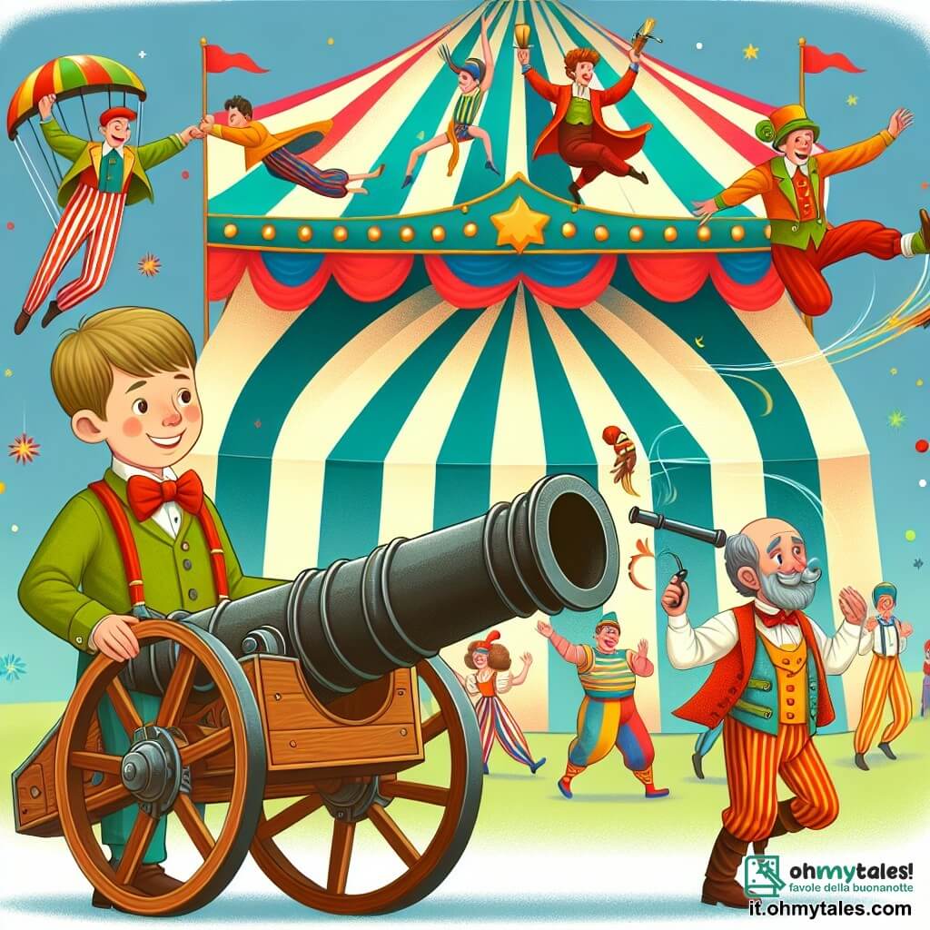 Une illustration destinée aux enfants représentant un jeune garçon passionné de cirque, se préparant à devenir acrobate avec l'aide d'un homme cannone, sous le grand chapiteau multicolore d'un cirque animé, avec des acrobates qui volent dans les airs et des clowns qui jonglent avec enthousiasme.
