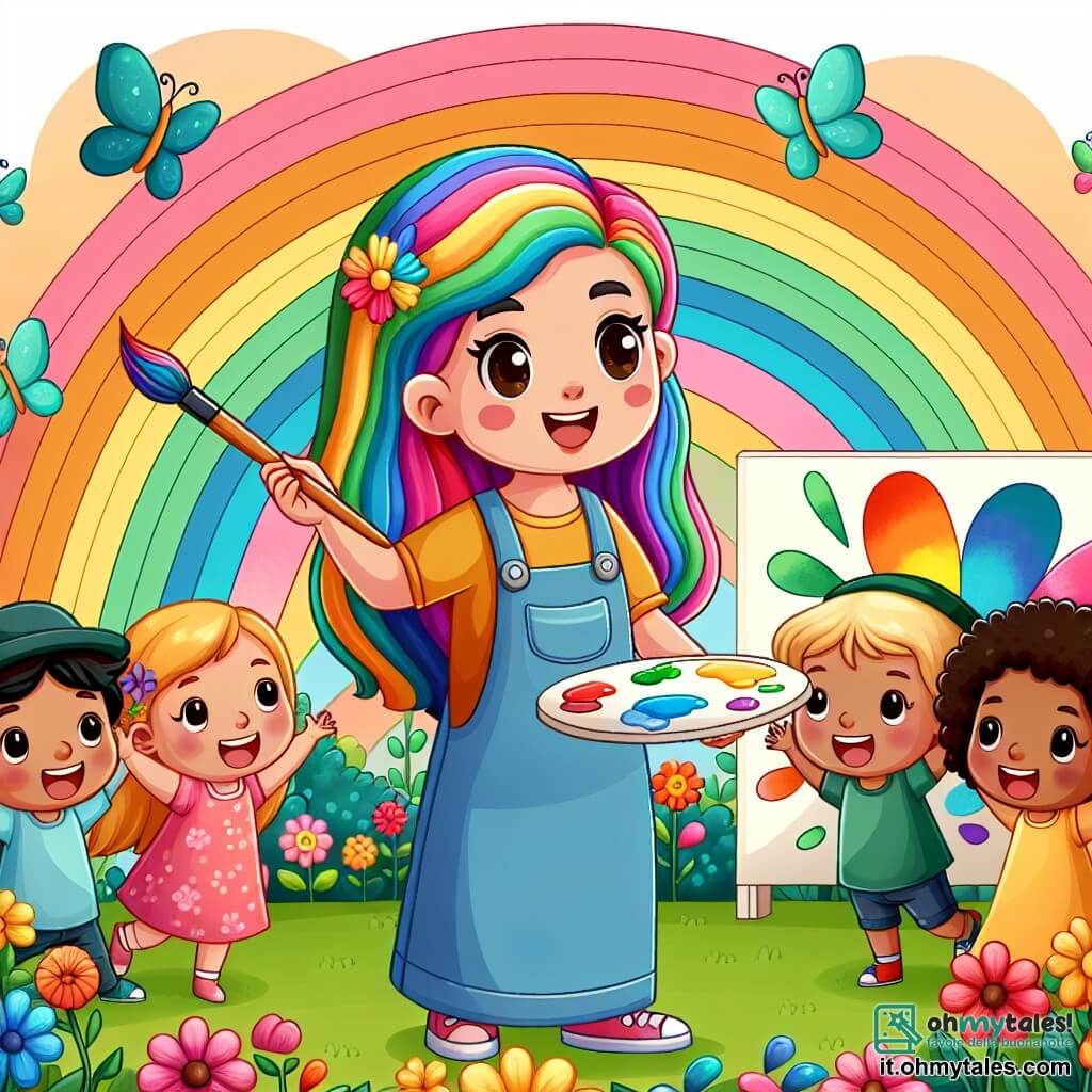 Une illustration destinée aux enfants représentant une artiste aux cheveux colorés comme un arc-en-ciel, en train de peindre un murales avec des enfants joyeux, dans un jardin secret rempli de fleurs et de farfalle colorate.