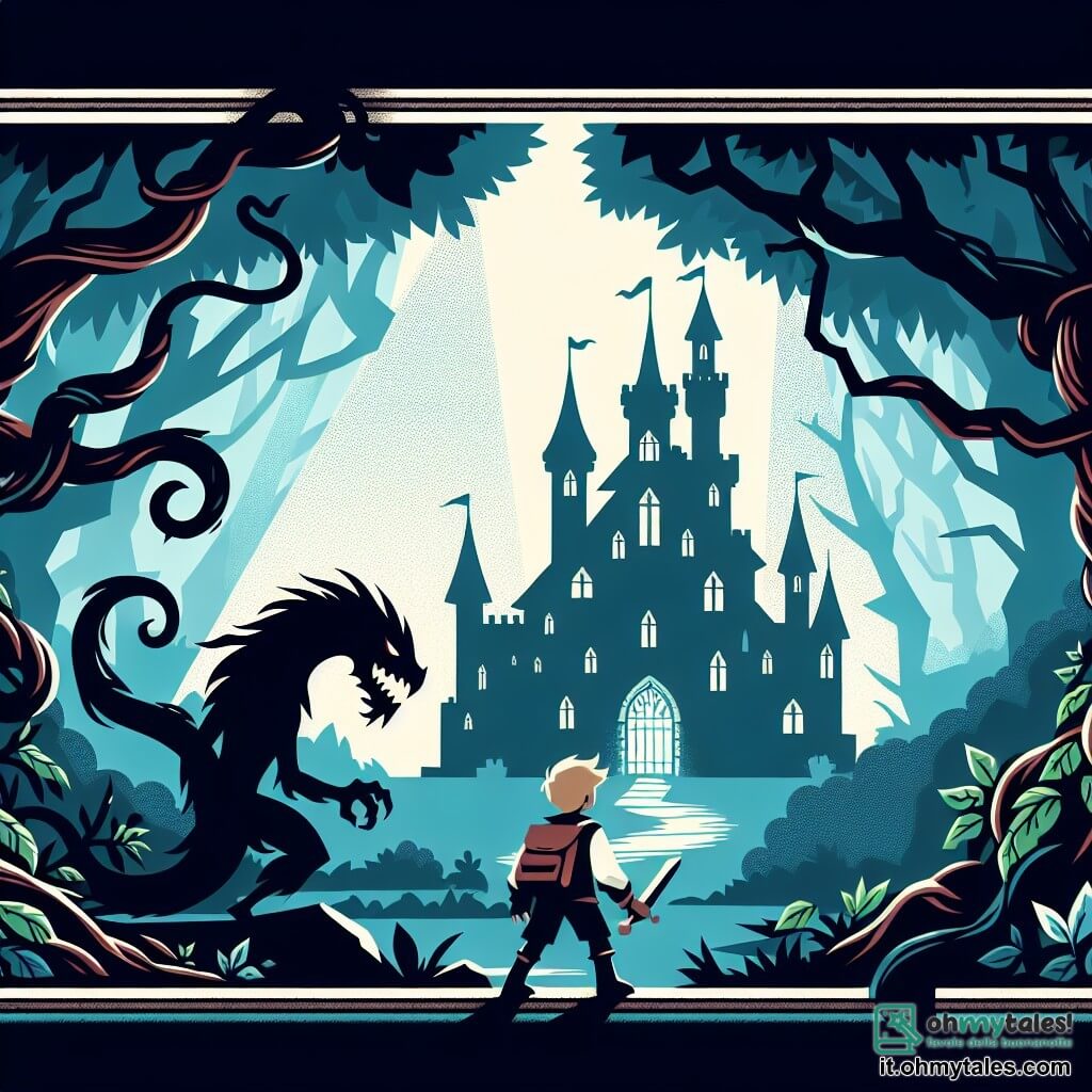 Une illustration destinée aux enfants représentant un garçon courageux, confronté à des épreuves terrifiantes, accompagné d'une ombre mystérieuse, dans un château ancien et sinistre niché au cœur de la forêt sombre et dense.