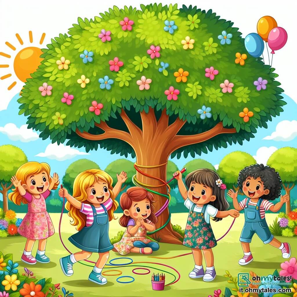 Illustrazione che rappresenta un parco soleggiato, pieno di verde splendente e fiori colorati. Al centro, un grande albero con rami estesi, coperto di foglie brillanti, offre ombra a un gruppo di bambini felici. Ci sono quattro ragazze di circa cinque o sei anni. Una di esse ha capelli biondi e ricci, indossa un vestito rosa e disegna con gessetti colorati sul pavimento. Un'altra ragazza ha capelli castani, lunghi e lisci, veste un abito a fiori e tiene una corda da saltare. La terza ragazza ha capelli neri e ricci, indossa una maglietta blu e sorride saltando con entusiasmo. L'ultima ragazza ha capelli castani e indossa una salopette, applaude gioiosamente. La scena mostra i bambini che giocano insieme, ridendo e incoraggiandosi mentre saltano la corda, simboleggiando l'amicizia e la gioia di condividere momenti insieme. Sullo sfondo, si vedono altri bambini che giocano, palloni colorati che fluttuano nell'aria e dolci nuvole in un cielo azzurro chiaro, contribuendo all'atmosfera festosa e amichevole.