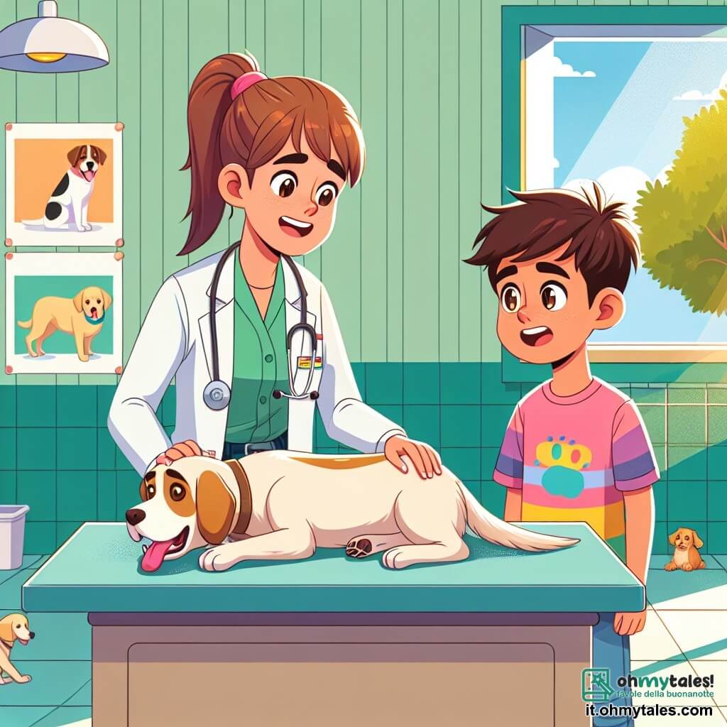 Illustrazione che rappresenta una clinica veterinaria luminosa e accogliente, con muri dipinti di verde pastello e finestre che lasciano entrare la luce del sole. Al centro della scena, una veterinaria, una donna di circa trent'anni con capelli castani raccolti in una coda di cavallo, indossa un camice bianco e un sorriso caloroso. È inclinata su un Labrador sdraiato su un tavolo operatorio, mentre controlla i suoi segni vitali con un'espressione concentrata e benevola. Accanto a lei, un ragazzo di circa undici anni, con capelli castani in disordine e occhi brillanti di eccitazione, osserva attentamente la veterinaria. Indossa una t-shirt colorata e pantaloni di jeans, sembrando affascinato dall'operazione, pronto ad apprendere tutto ciò che può sul prendersi cura degli animali. La scena principale mostra la veterinaria che si prende cura del cane, con strumenti chirurgici disposti con cura attorno a lei. Il Labrador, sebbene sotto anestesia, emana un'aura di dolcezza e fiducia. Sullo sfondo, manifesti educativi sui servizi veterinari decorano le pareti, aggiungendo un tocco di insegnamento all'ambiente. Giocattoli per animali e piante verdi completano l'atmosfera calda e amichevole della clinica.