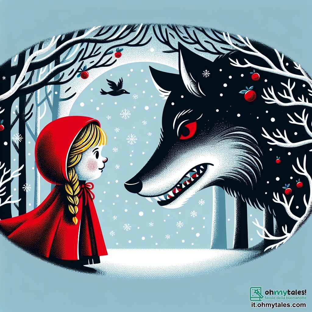 Une illustration destinée aux enfants représentant une petite fille blonde au cappuccetto rosso confrontée à un grand loup affamé dans une sombre forêt enneigée, avec des arbres aux branches givrées et des flocons de neige tourbillonnant autour d'eux.