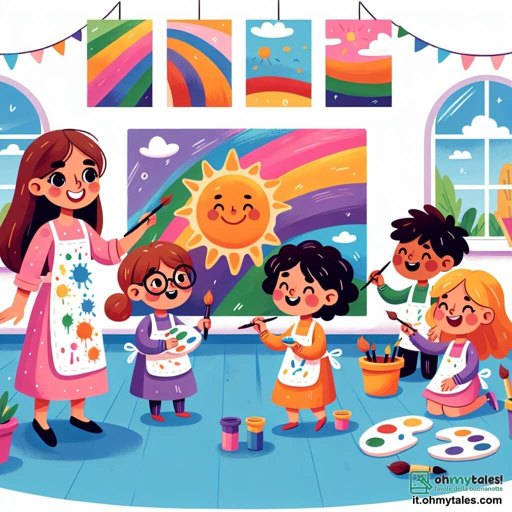 Une illustration sous forme de dessin destinée aux enfants représentant un studio d'art lumineux et coloré, avec des murs ornés de peintures vibrantes, où une femme aux longs cheveux bruns et aux yeux pétillants, vêtue d'un tablier éclaboussé de peinture, guide un groupe de trois enfants : un garçon aux lunettes rondes et un sourire espiègle, tenant un pinceau, une fille aux cheveux bouclés blonds, en train de mélanger des couleurs sur une palette, et un autre garçon aux cheveux noirs, concentré sur le dessin d'un soleil radieux, alors qu'ils collaborent joyeusement pour créer un grand mur mural qui célèbre leur communauté.