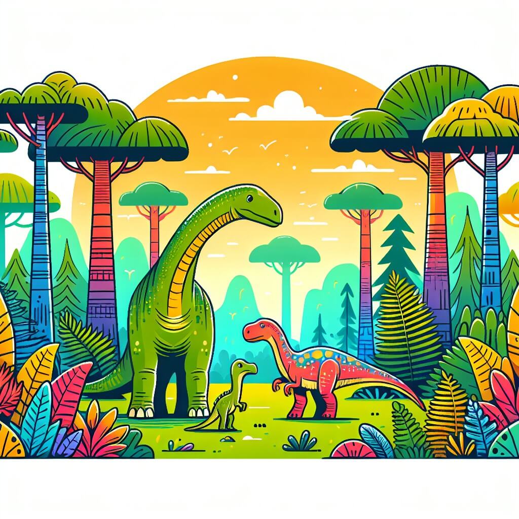 Une illustration destinée aux enfants représentant un majestueux diplodocus, se tenant debout au milieu d'une ancienne forêt luxuriante, découvrant un petit dinosaure perdu, entouré de fougères géantes et d'arbres immenses, dans un monde préhistorique vibrant de couleurs.