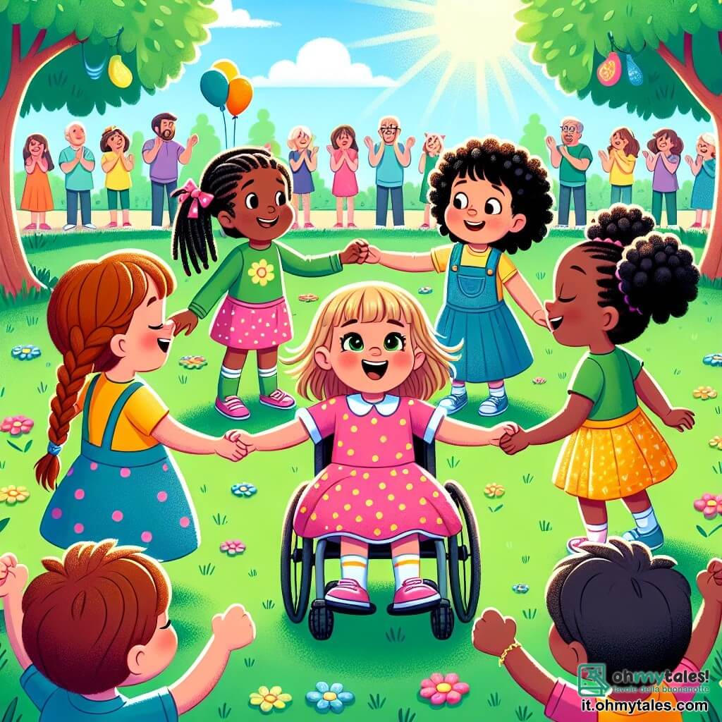 Illustrazione che rappresenta un parco soleggiato, con alberi verdi e fiori colorati che danzano nella brezza. Al centro, quattro bambine di quattro anni, tutte sorridenti e piene di energia, si tengono per mano formando un cerchio. La prima bambina ha i capelli ricci castani e indossa un vestito rosa a pois bianchi, sollevando le braccia in aria, piena di gioia. La seconda bambina ha i capelli biondi intrecciati e indossa una gonna blu con una maglietta gialla, sorridendo ampiamente e incoraggiando le sue amiche. La terza bambina ha i capelli neri e indossa un vestito verde; è seduta su una sedia a rotelle, ma irradia felicità, cantando con entusiasmo. La quarta bambina ha i capelli rossi e indossa un vestito viola, facendo un gesto di danza con le braccia aperte, mostrando la sua determinazione. Sullo sfondo, genitori e bambini applaudono, creando un'atmosfera di sostegno e incoraggiamento. Palloni colorati fluttuano nel cielo blu, aggiungendo un tocco festivo alla scena. L'insieme trasmette un'atmosfera di fiducia in sé e di amicizia, illustrando il tema dell'amicizia e del superamento di sé.