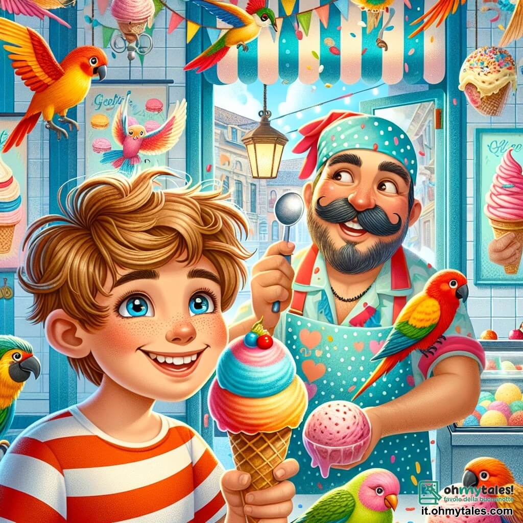 Illustrazione che rappresenta una scena vibrante in una gelateria colorata, con muri dipinti di blu pastello e manifesti di diversi gusti di gelato appesi. Al centro, un ragazzo di 9 anni, con capelli castani disordinati e una maglietta a righe rossa e bianca, sorride mentre tiene un grande cono gelato, con occhi scintillanti di eccitazione. Accanto a lui, un uomo di mezza età, il gelataio, con una folta baffi e un grembiule a pois, guarda il ragazzo con un sorriso caloroso, tenendo un grande cucchiaio da gelato. Sullo sfondo, un gruppo di uccelli colorati, come pappagalli e passeri, vola allegramente, con pezzi di gelato nei becchi, creando un'atmosfera di festa e amicizia. La scena trasmette un'atmosfera gioiosa, evidenziando l'amicizia tra il ragazzo e gli uccelli, illustrando la sfida di condividere il gelato senza rubarlo.