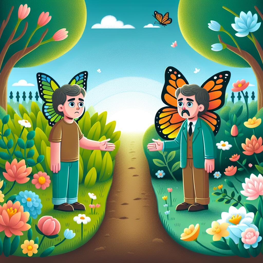 Une illustration destinée aux enfants représentant un jeune garçon au cœur tendre, confronté à la réalité de la mort, accompagné d'une farfalla colorée, dans un jardin fleuri et verdoyant où les fleurs prennent vie.