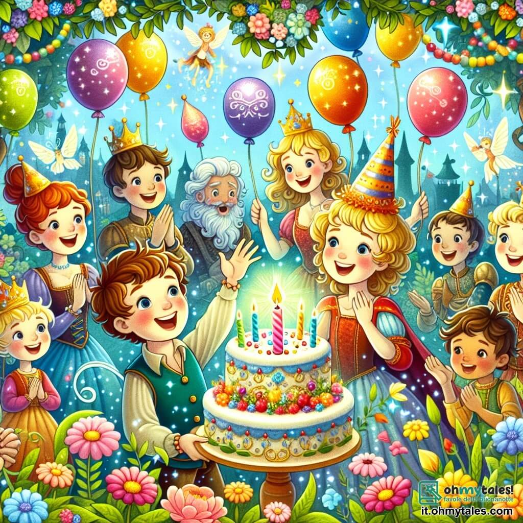 Une illustration destinée aux enfants représentant un garçon joyeux entouré d'amis et de famille, célébrant son anniversaire dans un jardin enchanté rempli de ballons colorés, de fleurs scintillantes et d'un gâteau magique.