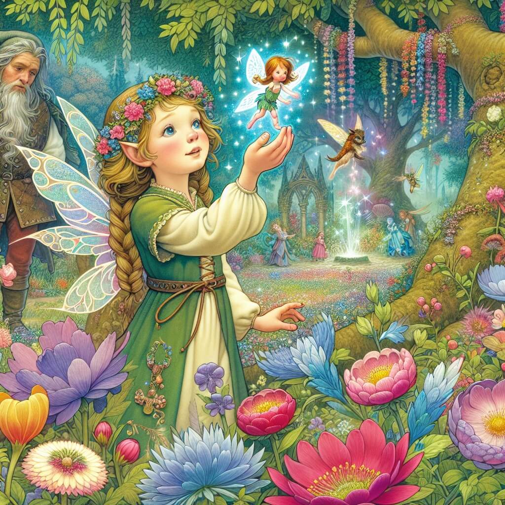 Une illustration destinée aux enfants représentant une apprentie sorcière, plongée dans une aventure magique avec l'aide de son amie, une petite fée lumineuse, dans un somptueux jardin enchanté rempli de fleurs multicolores, d'arbres majestueux et de créatures fantastiques.