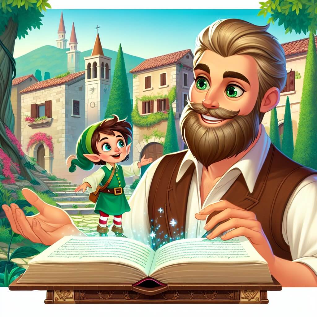 Une illustration destinée aux enfants représentant un homme barbu au regard pétillant, se trouvant dans un village italien pittoresque, découvrant un mystérieux livre ancien dans un bosquet enchanté, en compagnie d'un elfe souriant et vêtu de vert.