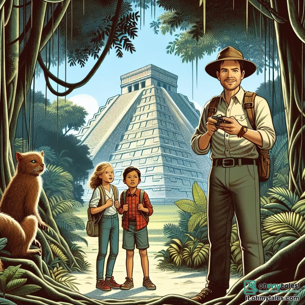 Une illustration destinée aux enfants représentant un homme au regard brillant et curieux se tenant devant une imposante pyramide dans une dense et mystérieuse jungle du Sud America, accompagné de deux enfants, un garçon et une fille, émerveillés par les découvertes archéologiques.