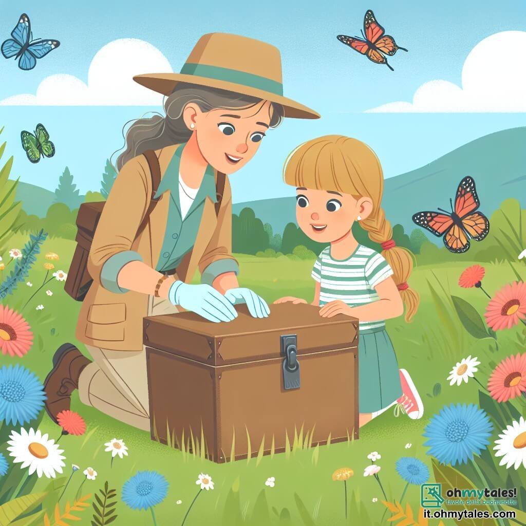 Une illustration destinée aux enfants représentant une archéologue femme, accompagnée de sa fille curieuse, découvrant une ancienne scatola dans un champ verdoyant entouré de fleurs sauvages et de papillons colorés.
