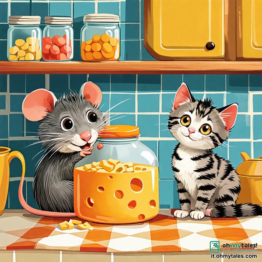 Une illustration sous forme de dessin destinée aux enfants représentant une cuisine chaleureuse avec des murs en carrelage coloré, où un petit rat aux yeux pétillants et au pelage grisâtre se cache derrière un grand barattolo di zucchero, tout en souriant malicieusement, tandis qu'un gattino aux poils tigrés et aux yeux brillants le cherche en comptant, créant une atmosphère ludique et amicale, illustrant le moment joyeux où ils jouent à cache-cache et partagent un morceau de fromage.