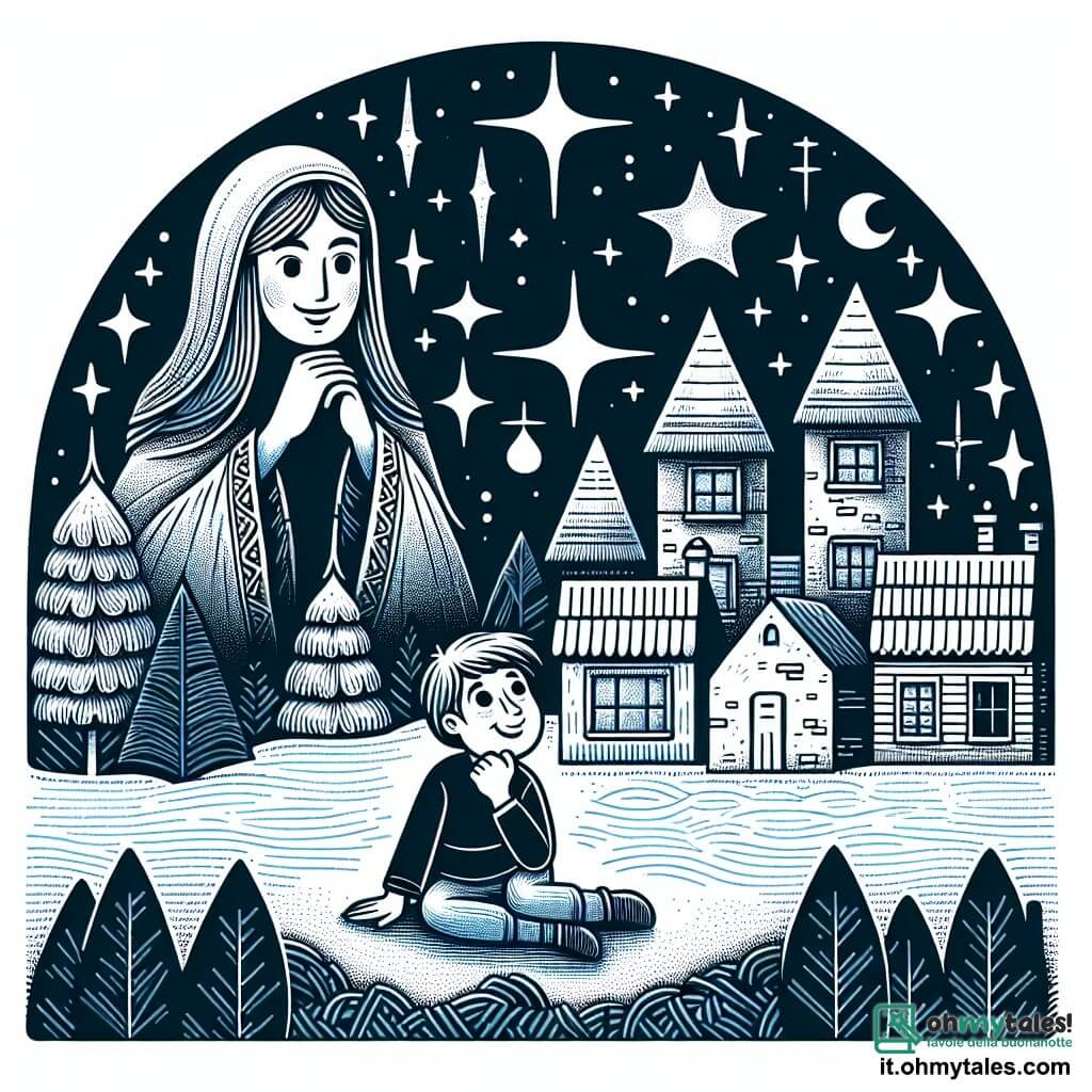 Une illustration destinée aux enfants représentant un jeune garçon rêveur, accompagné d'une mystérieuse guide stellaire, dans un village aux toits pointus bordé par une forêt enchantée, où le ciel nocturne scintille de mille étoiles.