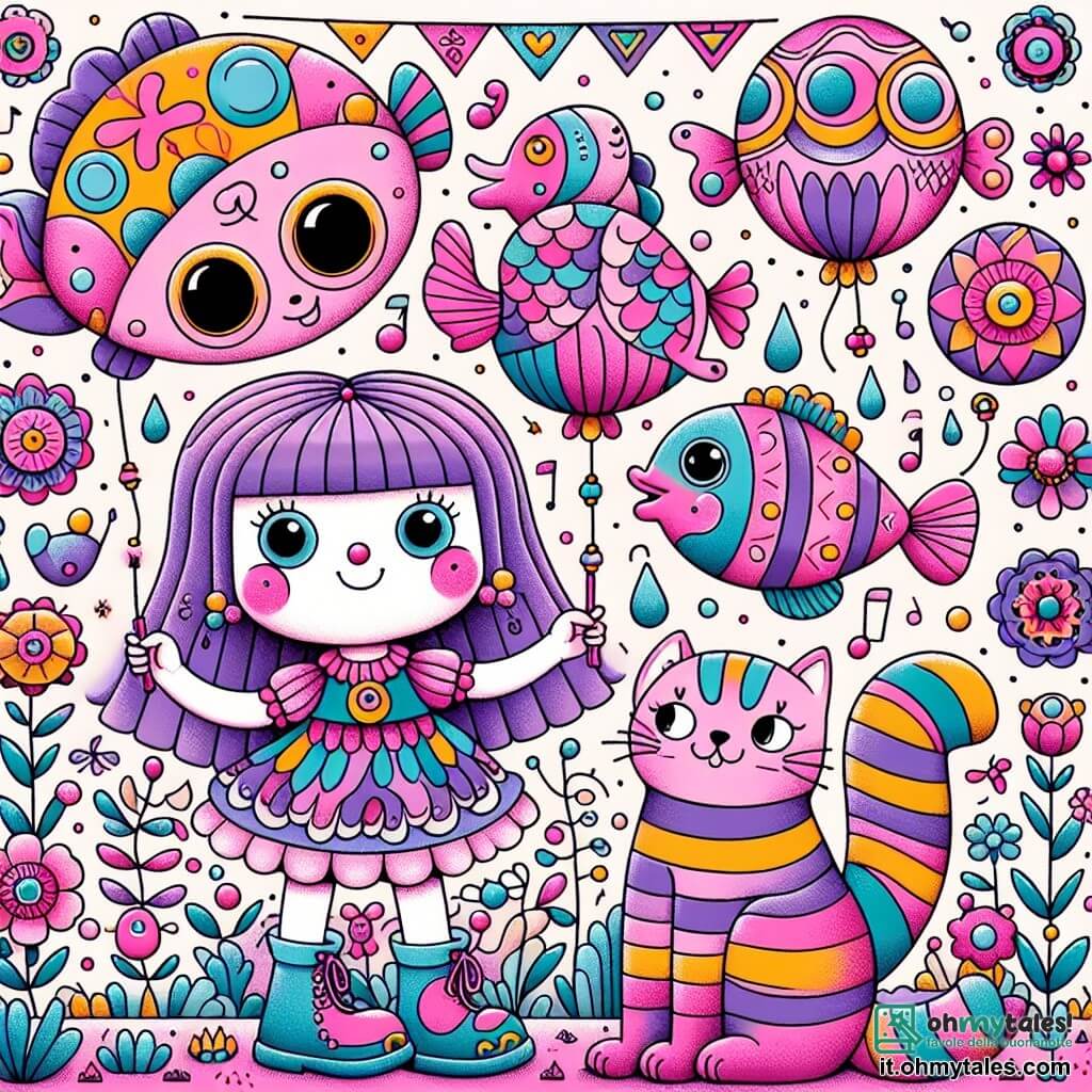 Une illustration destinée aux enfants représentant une fillette aux cheveux violets portant des chaussures de clown, jonglant avec des poissons volants aux yeux globuleux, accompagnée d'un chat rose à rayures multicolores, dans un jardin enchanté rempli de fleurs qui chantent.