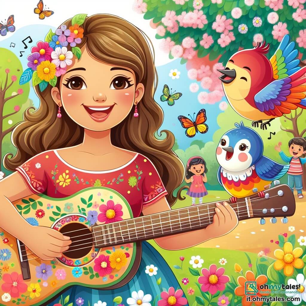 Une illustration destinée aux enfants représentant une femme au sourire radieux, tenant une guitare colorée, accompagnée d'un oiseau chanteur, dans un parc enchanté rempli d'arbres fleuris, de papillons virevoltants et d'enfants joyeux.
