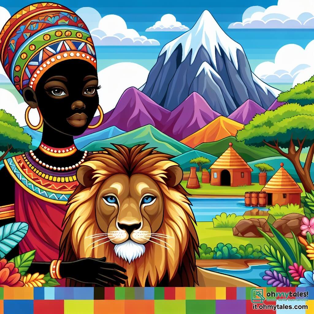 Une illustration destinée aux enfants représentant une femme sage et belle, accompagnée d'un lion fidèle, se tenant devant une montagne majestueuse, dans un village africain coloré et animé.