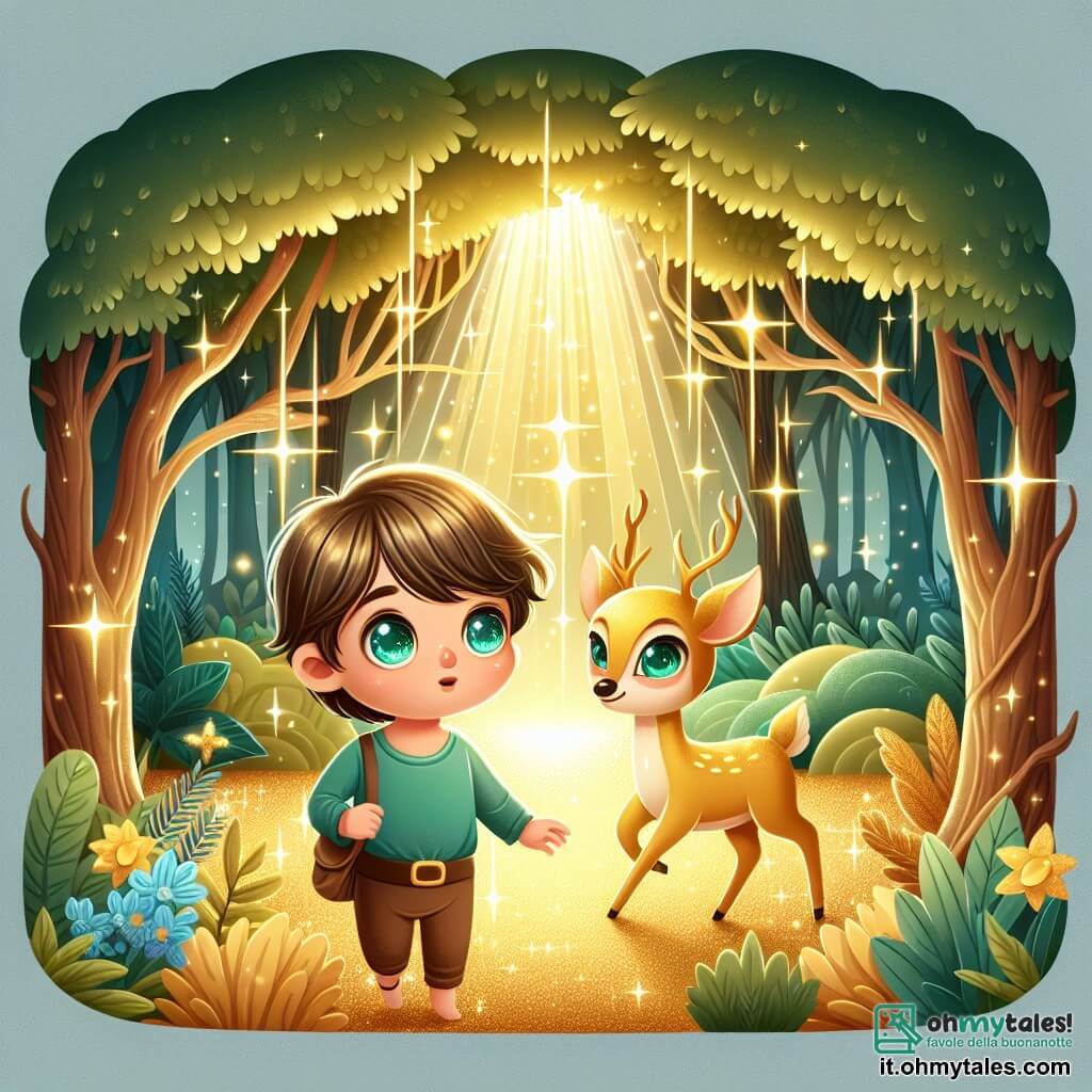 Une illustration destinée aux enfants représentant un petit garçon aux yeux brillants, se perdant dans un bosquet enchanté, accompagné d'un cerf doré aux yeux d'émeraude, dans une clairière étincelante de lumière dorée, située au cœur du mystérieux Bosco Incantato.