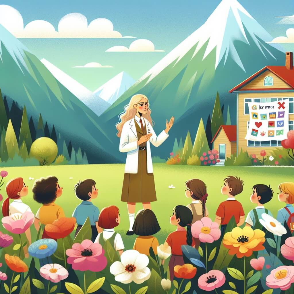 Une illustration destinée aux enfants représentant une femme courageuse et bienveillante, se tenant au milieu d'un champ de fleurs colorées, tandis qu'elle enseigne à un groupe d'enfants curieux les conséquences de la guerre et comment ils peuvent faire la différence en répandant des mots gentils et en organisant une fête de solidarité dans une école élémentaire pittoresque entourée de montagnes verdoyantes.