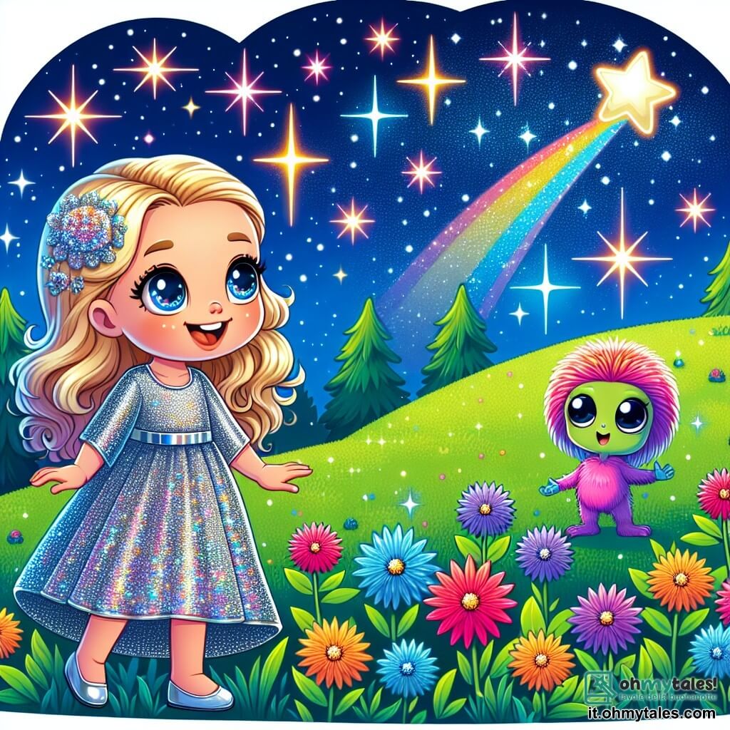Une illustration destinée aux enfants représentant une femme au sourire radieux, vêtue d'une robe scintillante, se tenant sur une colline verdoyante parsemée de fleurs lumineuses, observant avec émerveillement un ciel nocturne rempli d'étoiles étincelantes, tandis qu'un adorable extraterrestre à la fourrure colorée et aux grands yeux curieux la regarde avec fascination depuis les buissons chatoyants.