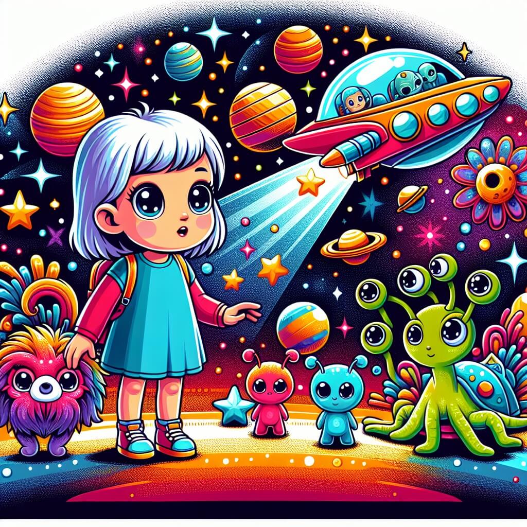 Une illustration destinée aux enfants représentant une petite fille curieuse, observant avec émerveillement une mystérieuse astronef multicolore, en compagnie de créatures extraterrestres fantastiques, dans un paysage cosmique parsemé de planètes chatoyantes et d'étoiles scintillantes.