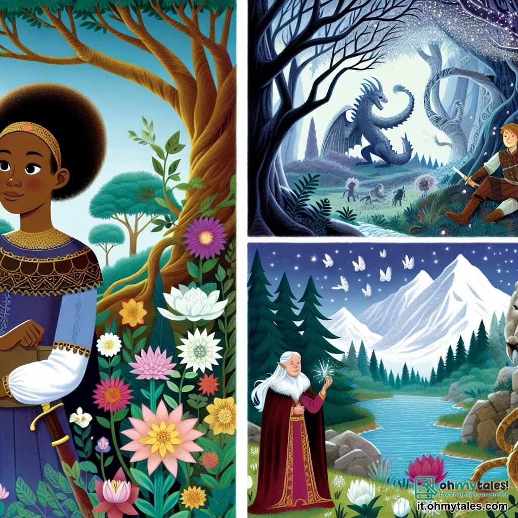 Une illustration destinée aux enfants représentant une jeune femme courageuse, une reine elfe bienveillante, une forêt enchantée aux arbres centenaires et aux fleurs lumineuses, et une montagne aux sommets enneigés où se cache un dragon antique.