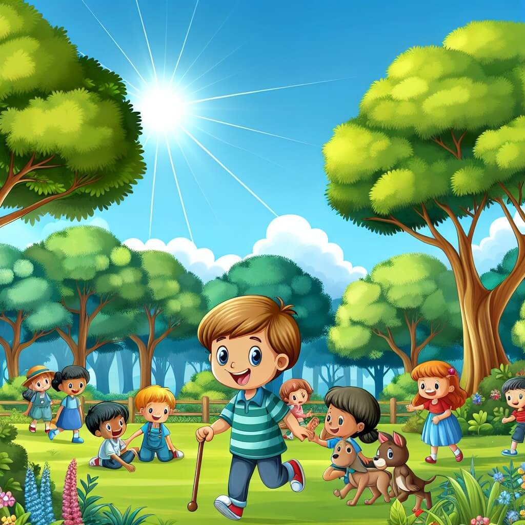 Une illustration destinée aux enfants représentant un petit garçon joyeux, entouré d'amis, dans un parc luxuriant avec des arbres majestueux, un ciel bleu éclatant et des enfants de tous genres qui jouent et s'amusent ensemble.